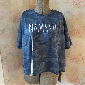NWT RAE DUNN Namaste Camo Mesh Open Keyhole Back Short Sleeve Tee China Blue…